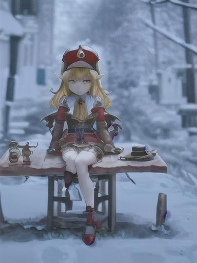 Prompt: chibi elf girl with a tender face, sitting in front of a table, yellow hair, large contrasting eyes between brown and red, wears a red Gavroche Cap with a black visor that has a brooch on the left from which 2 long white feathers come out, the Cap Gavroche, in addition to the brooch, has an embroidery in the center of the front with a 4-leaf clover, his large eyes have anime-style flashes of light, his mouth is open and wobbly watching a delicious fish dish on the table while it drains from him a little drool, she wears a red raincoat with a hood and a light brown or cream scarf, her hands are in fists holding a fork in the left and a knife in the right while she raises her arms ready to eat, she is carrying a brown bag from which A cream-colored wool doll similar to a ball hangs, on the plate on the table is a delicious Japanese baked fish.