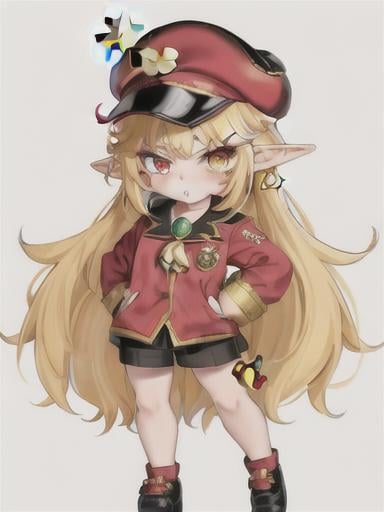 Prompt: chibi elf girl with a cute face, angry pouting, yellow hair, big red eyes, (wears a red Gavroche cap with a black visor, has a brooch on the left of the cap, 2 long white feathers come out of the brooch), the cap Gavroche has an embroidery on the front with a 4-leaf clover, waves her arms to the sides in frustration, she wears a red trench coat with a hood and a light brown or cream colored scarf, her hands are in fists, she is carrying a bag brown from which hangs a cream-colored wool doll similar to a ball, a white baggy shorts, 2 legs with brown shoes