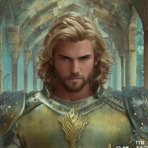 Prompt: male fantasy warrior, very handsome, medium musculature, dirty blonde, short wavy hair and short trimmed beard, full leather armor, very detailed eyes, UHD, 64K, sharp focus, studio photo, intricate details, highly detailed