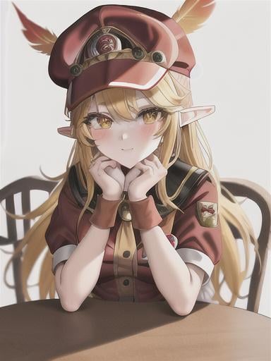 Prompt: chibi elf girl with a tender face, sitting in front of a table, yellow hair, large contrasting eyes between brown and red, wears a red Gavroche Cap with a black visor that has a brooch on the left from which 2 long white feathers come out, the Cap Gavroche, in addition to the brooch, has an embroidery in the center of the front with a 4-leaf clover, his large eyes have anime-style flashes of light, his mouth is open and wobbly watching a delicious fish dish on the table while it drains from him a little drool, she wears a red raincoat with a hood and a light brown or cream scarf, her hands are in fists holding a fork in the left and a knife in the right while she raises her arms ready to eat, she is carrying a brown bag from which A cream-colored wool doll similar to a ball hangs, on the plate on the table is a delicious Japanese baked fish. vibrant colors.