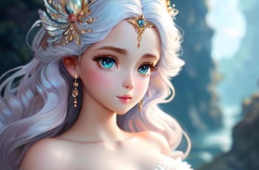 Prompt: exquisite new character, cute femenine woman mermaid, highly detailed, fluffy, intricate details, beautiful big eyes, maximum cuteness, lovely, adorable, beautiful, flawless, masterpiece, soft dramatic moody lighting, radiant love aura, ultra high quality octane render, hypermaximalist, trending on artstation, Anna Dittmann, Tom Blackwell