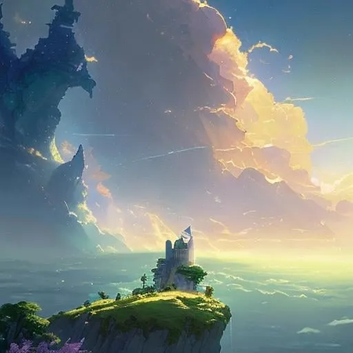 Prompt: guerreros juego de rol y castillo flotante rayos de sol celestial brillante divino enfoque suave santo en las nubes fantasía etérea niebla hiperdetallada Thomas Kinkade Studio Ghibli Anime Key Visual por Makoto Shinkai Deep Color Intrincado Iluminación natural hermosa composición épica brillante impresionante meticulosamente detallado dramático maximalista atmosférico por artista Tamako Nakamura Anime Key Visual Manga japonés Pixiv Zerochan Anime arte Fantia