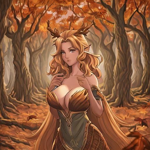 Prompt: dryads autumnal feminine great beauty and very beautiful physical features, just behind her oak surrounded by a thick autumnal forest volume