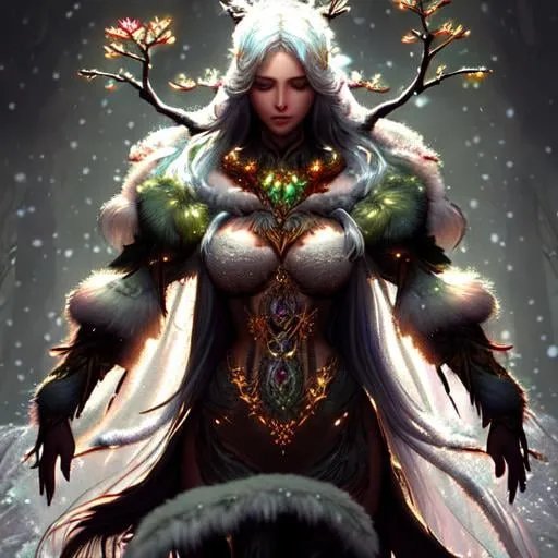 Prompt: dryads winter feminine great beauty and very beautiful physical features, just behind her a winter forest in full transition to spring, flowers growing snow melting volumetric soft lighting cold colors 8k resolution by Greg Rutkowski, Artgerm, Alphonse Mucha dynamic lighting hyperdetailed intricately detailed Splash art trending on Artstation Unreal Engine 5 volumetric lighting