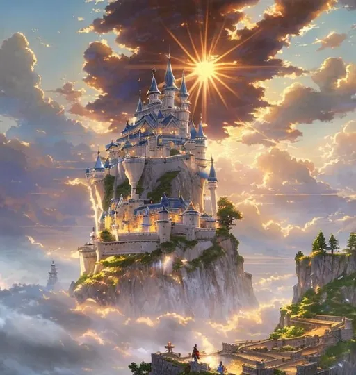 Prompt: warriors rpg game and floating castle heavenly sunshine beams divine bright soft focus holy in the clouds ethereal fantasy hyperdetailed mist Thomas Kinkade Studio Ghibli Anime Key Visual by Makoto Shinkai Deep Color Intricate Natural Lighting Beautiful Composition Epic brilliant stunning meticulously detailed dramatic atmospheric maximalist by artist Tamako Nakamura Anime Key Visual Japanese Manga Pixiv Zerochan Anime art Fantia