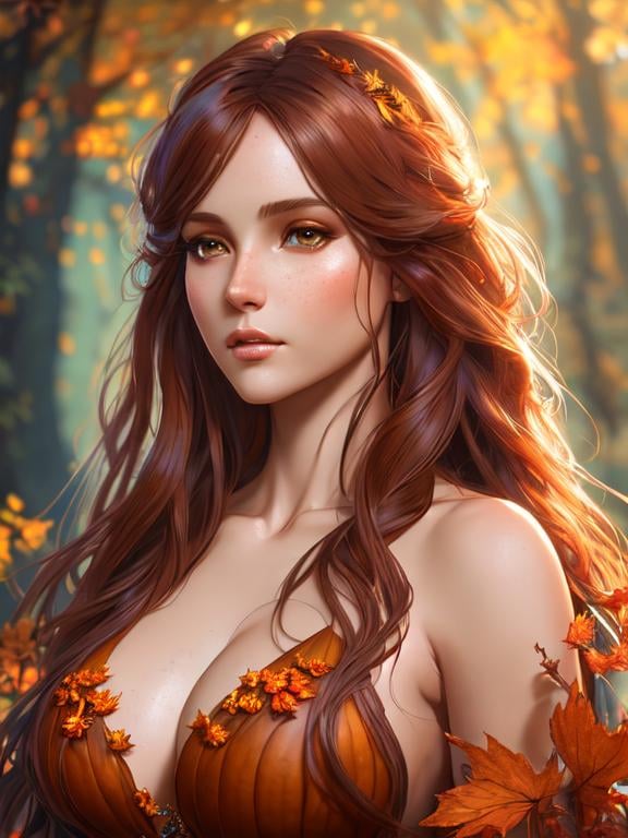 Prompt: dryads autumnal feminine great beauty and very beautiful physical features, just behind her oak surrounded by a thick autumnal forest volumetric soft lighting warm colors 8k resolution by Greg Rutkowski, Artgerm, Alphonse Mucha dynamic lighting hyperdetailed intricately detailed Splash art trending on Artstation Unreal Engine 5 volumetric lighting