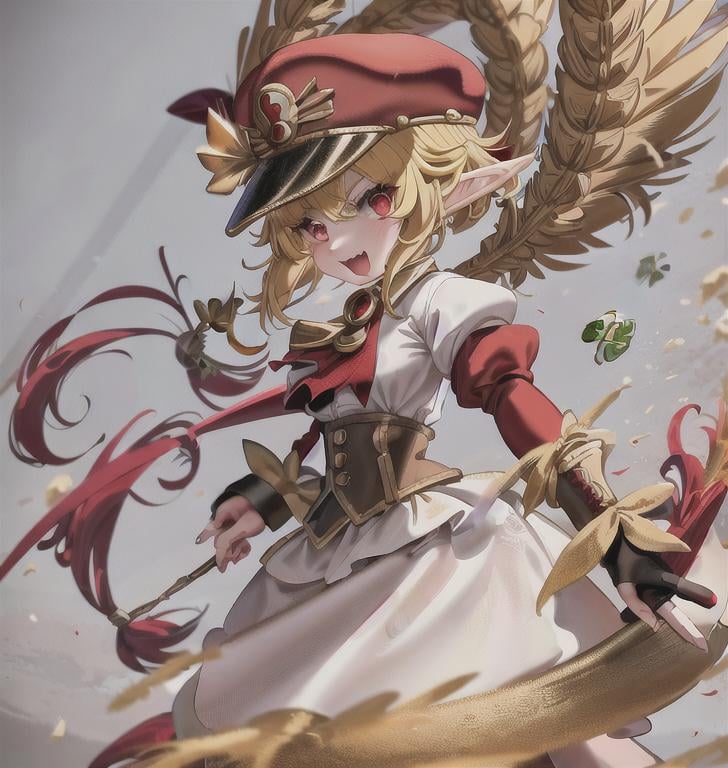 Prompt: elf girl with a cute face, yellow hair, big red eyes, (wears a red Gavroche cap with a black visor, has a brooch on the left of the cap, 2 long white feathers come out of the brooch), the cap Gavroche has an embroidery on the front with a 4-leaf clover, waves her arms to the sides in frustration, she wears a red trench coat with a hood and a light brown or cream colored scarf, her hands are in fists, she is carrying a bag brown from which hangs a cream-colored wool doll similar to a ball, a white baggy shorts, 2 legs with brown shoes