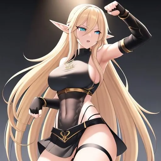 Prompt: photorealistic game character High elf woman with long blonde hair, dressed in a black tank top, black shorts under knee-length tight black pants with a half skirt over white cloth behind her legs, wears black knee-high boots and fingerless gloves, from standing in a fighting pose with legs crossed in front, with hands in fists, realistic detailed eyes, detailed mouth, detailed ears, detailed nose, perfect face, detailed eyeglasses, green jewelry set