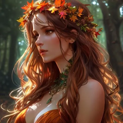 Prompt: dryads autumnal feminine great beauty and very beautiful physical features, just behind her oak surrounded by a thick autumnal forest volumetric soft lighting warm colors 8k resolution by Greg Rutkowski, Artgerm, Alphonse Mucha dynamic lighting hyperdetailed intricately detailed Splash art trending on Artstation Unreal Engine 5 volumetric lighting