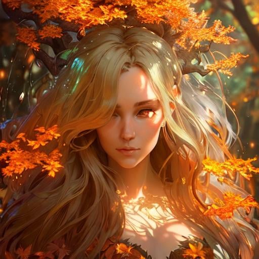 Prompt: dryads autumnal feminine great beauty and very beautiful physical features, just behind her oak surrounded by a thick autumnal forest volumetric soft lighting warm colors 8k resolution by Greg Rutkowski, Artgerm, Alphonse Mucha dynamic lighting hyperdetailed intricately detailed Splash art trending on Artstation Unreal Engine 5 volumetric lighting