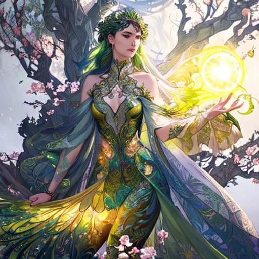 Prompt: Detailed eyes flawless eyes Gorgeous chartreuse greenest hair natural lime flair goddess, intricate, dramatic full body pose, magnificent, masterpiece, by minjae lee, by James jean, by WLOP, mucha, Waterhouse, by eve ventrue, by anna dittmann, by Alessio Albi, dynamic lighting, green, emeralds