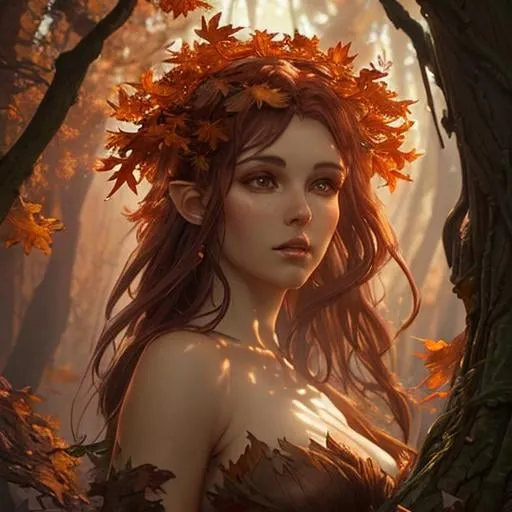 Prompt: dryads autumnal feminine great beauty and very beautiful physical features, just behind her oak surrounded by a thick autumnal forest volumetric soft lighting warm colors 8k resolution by Greg Rutkowski, Artgerm, Alphonse Mucha dynamic lighting hyperdetailed intricately detailed Splash art trending on Artstation Unreal Engine 5 volumetric lighting