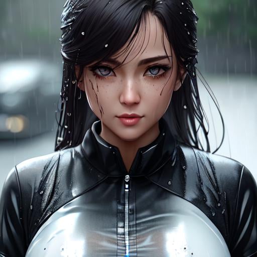 Prompt: ((wet shirt woman)), rain, clear detailed eyes, Intense, Cinematic view, Detailed, Highly detailed, trending on artstation, 