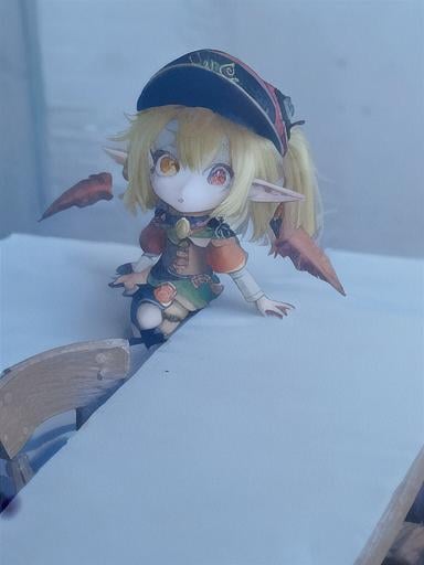 Prompt: chibi elf girl with a tender face, sitting in front of a table, yellow hair, large contrasting eyes between brown and red, wears a red Gavroche Cap with a black visor that has a brooch on the left from which 2 long white feathers come out, the Cap Gavroche, in addition to the brooch, has an embroidery in the center of the front with a 4-leaf clover, his large eyes have anime-style flashes of light, his mouth is open and wobbly watching a delicious fish dish on the table while it drains from him a little drool, she wears a red raincoat with a hood and a light brown or cream scarf, her hands are in fists holding a fork in the left and a knife in the right while she raises her arms ready to eat, she is carrying a brown bag from which A cream-colored wool doll similar to a ball hangs, on the plate on the table is a delicious Japanese baked fish.