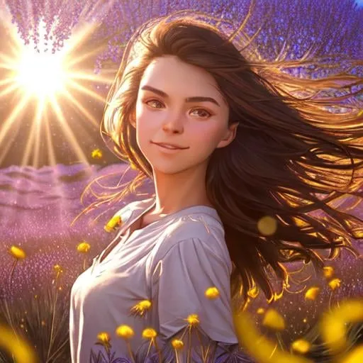 Prompt: A super detailed and clear portrait of a sun kissed girl with dark brown hair dancing in a sun lit field of heather surrounded by floating dandelions