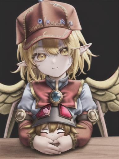 Prompt: chibi klee  elf girl with a tender face, sitting in front of a table, yellow hair, large contrasting eyes between brown and red, wears a red Gavroche Cap with a black visor that has a brooch on the left from which 2 long white feathers come out, the Cap Gavroche, in addition to the brooch, has an embroidery in the center of the front with a 4-leaf clover, his large eyes have anime-style flashes of light, his mouth is open and wobbly watching a delicious fish dish on the table while it drains from him a little drool, she wears a red raincoat with a hood and a light brown or cream scarf, her hands are in fists holding a fork in the left and a knife in the right while she raises her arms ready to eat, she is carrying a brown bag from which A cream-colored wool doll similar to a ball hangs, on the plate on the table is a delicious Japanese baked fish.