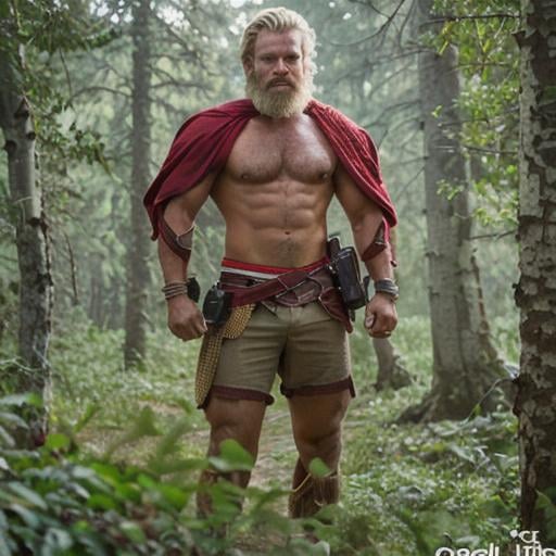 Prompt: male warrior, rugged looking, strong musculature, sandy blonde, very hairy chest, short wavy hair and short trimmed beard, crimson clothing, very detailed eyes, UHD, 64K, sharp focus, studio photo, intricate details, highly detailed, by greg rutkowski