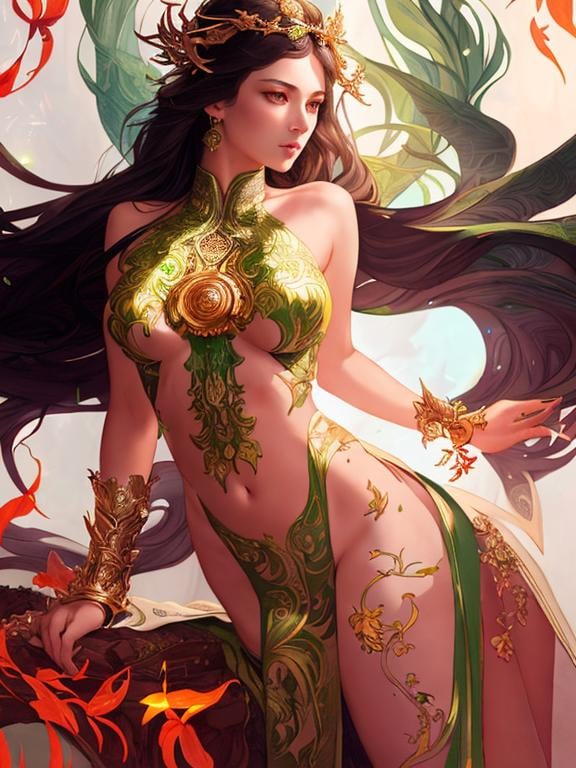 Prompt: Detailed eyes flawless eyes Gorgeous chartreuse greenest hair natural lime flair goddess, intricate, dramatic full body pose, magnificent, masterpiece, by minjae lee, by James jean, by WLOP, mucha, Waterhouse, by eve ventrue, by anna dittmann, by Alessio Albi, dynamic lighting, green, emeralds