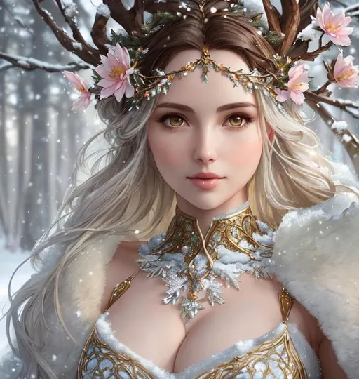 Prompt: dryads winter feminine great beauty and very beautiful physical features, just behind her a winter forest in full transition to spring, flowers growing snow melting volumetric soft lighting cold colors 8k resolution by Greg Rutkowski, Artgerm, Alphonse Mucha dynamic lighting hyperdetailed intricately detailed Splash art trending on Artstation Unreal Engine 5 volumetric lighting