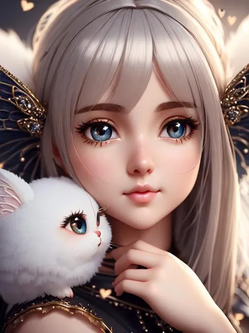 Prompt: cute femenine woman pixie , highly detailed, fluffy, intricate details, beautiful big eyes, maximum cuteness, lovely, adorable, beautiful, flawless, masterpiece, soft dramatic moody lighting, radiant love aura, ultra high quality octane render, hypermaximalist.