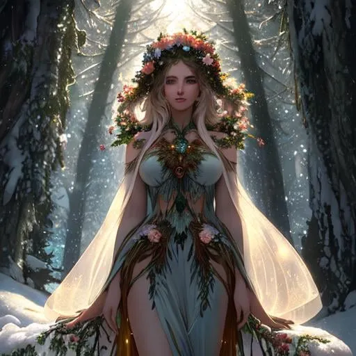 Prompt: dryads winter feminine great beauty and very beautiful physical features, just behind her a winter forest in full transition to spring, flowers growing snow melting volumetric soft lighting cold colors 8k resolution by Greg Rutkowski, Artgerm, Alphonse Mucha dynamic lighting hyperdetailed intricately detailed Splash art trending on Artstation Unreal Engine 5 volumetric lighting