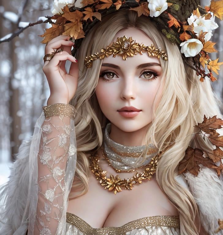 Prompt: dryads autumnal feminine great beauty and very beautiful physical features, just behind her oak surrounded by a thick autumnal forest volume...