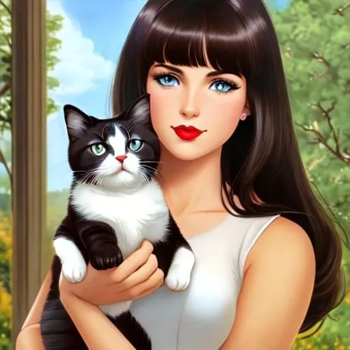 Prompt: full body girl with dark brown hair and blue eyes holding an american bobtail cat. red lipstick.