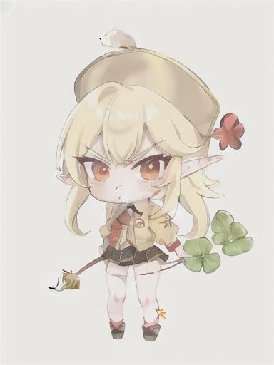 Prompt: chibi elf girl with a cute face, angry pouting, yellow hair, big red eyes, (wears a red Gavroche cap with a black visor, has a brooch on the left of the cap, 2 long white feathers come out of the brooch), the cap Gavroche has an embroidery on the front with a 4-leaf clover, waves her arms to the sides in frustration, she wears a red trench coat with a hood and a light brown or cream colored scarf, her hands are in fists, she is carrying a bag brown from which hangs a cream-colored wool doll similar to a ball, a white baggy shorts, 2 legs with brown shoes