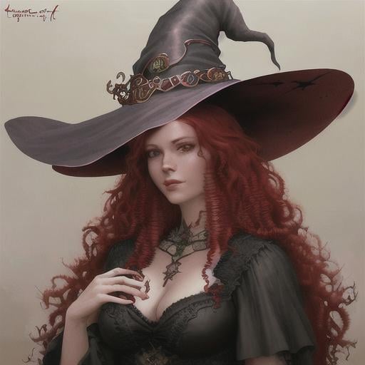 Prompt: Portrait of a witch with red, curly hair and with cute face, perfect composition, hyperrealistic, super detailed, 8k, high quality, trending art, trending on artstation, sharp focus, studio photo, intricate details, highly detailed, by greg rutkowski