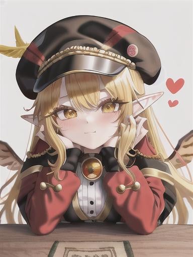 Prompt: chibi elf girl with a tender face, sitting in front of a table, yellow hair, large contrasting eyes between brown and red, wears a red Gavroche Cap with a black visor that has a brooch on the left from which 2 long white feathers come out, the Cap Gavroche, in addition to the brooch, has an embroidery in the center of the front with a 4-leaf clover, his large eyes have anime-style flashes of light, his mouth is open and wobbly watching a delicious fish dish on the table while it drains from him a little drool, she wears a red raincoat with a hood and a light brown or cream scarf, her hands are in fists holding a fork in the left and a knife in the right while she raises her arms ready to eat, she is carrying a brown bag from which A cream-colored wool doll similar to a ball hangs, on the plate on the table is a delicious Japanese baked fish. vibrant colors.