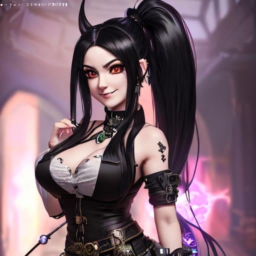 Prompt: full body portrait of an anime night elf, cinematic shot, ultra detailed, realistic, cute smiling anime woman, long dark black hair ponytail, goth steam punk, piercings, UHD, HDR10, 16K, (Masterpiece:1. 5) , Absurdres