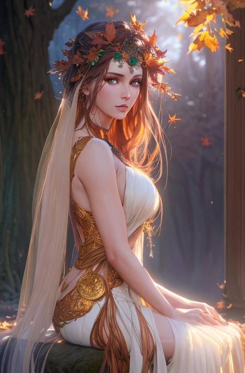 Prompt: dryads autumnal feminine great beauty and very beautiful physical features, just behind her oak surrounded by a thick autumnal forest volumetric soft lighting warm colors 8k resolution by Greg Rutkowski, Artgerm, Alphonse Mucha dynamic lighting hyperdetailed intricately detailed Splash art trending on Artstation Unreal Engine 5 volumetric lighting