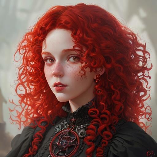 Prompt: Portrait of a witch with red, curly hair and with cute face, perfect composition, hyperrealistic, super detailed, 8k, high quality, trending art, trending on artstation, sharp focus, studio photo, intricate details, highly detailed, by greg rutkowski