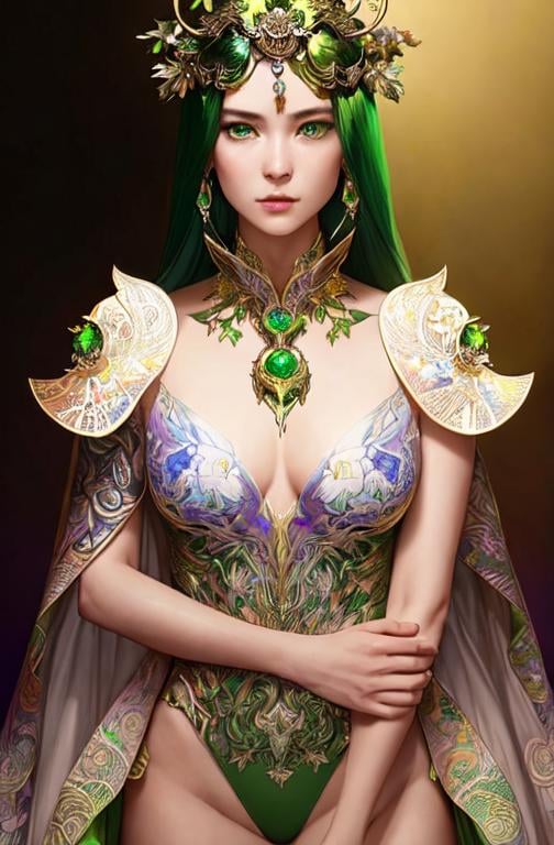 Prompt: Detailed eyes flawless eyes Gorgeous chartreuse greenest hair natural lime flair goddess, intricate, dramatic full body pose, magnificent, masterpiece, by minjae lee, by James jean, by WLOP, mucha, Waterhouse, by eve ventrue, by anna dittmann, by Alessio Albi, dynamic lighting, green, emeralds