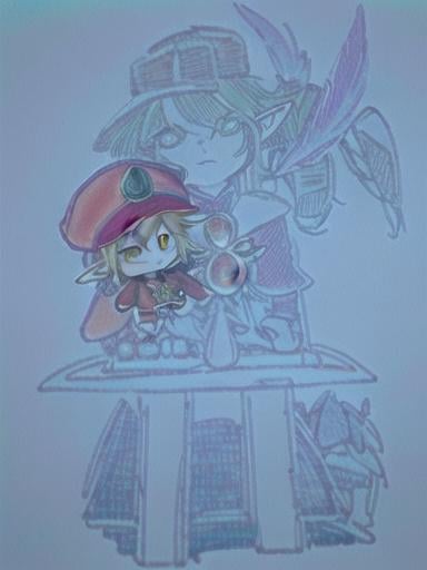 Prompt: chibi klee  elf girl with a tender face, sitting in front of a table, yellow hair, large contrasting eyes between brown and red, wears a red Gavroche Cap with a black visor that has a brooch on the left from which 2 long white feathers come out, the Cap Gavroche, in addition to the brooch, has an embroidery in the center of the front with a 4-leaf clover, his large eyes have anime-style flashes of light, his mouth is open and wobbly watching a delicious fish dish on the table while it drains from him a little drool, she wears a red raincoat with a hood and a light brown or cream scarf, her hands are in fists holding a fork in the left and a knife in the right while she raises her arms ready to eat, she is carrying a brown bag from which A cream-colored wool doll similar to a ball hangs, on the plate on the table is a delicious Japanese baked fish.