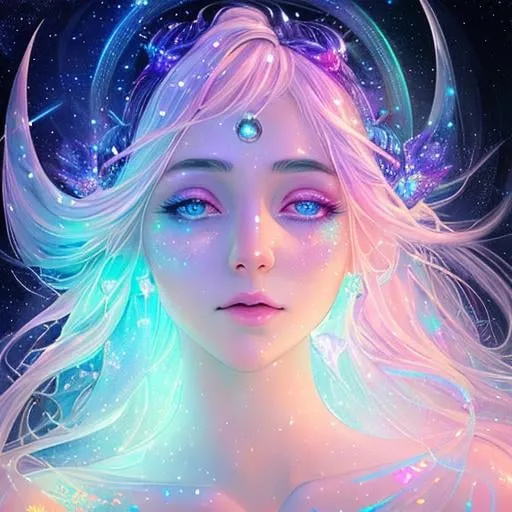 Prompt: Beautiful cosmic goddess covered in nightly glow with detailed sparkling features in the sky with illuminating moonshine, stars; colorful, gradient vibrant colors, by anna dittmann, floradriel, digital painting, extreme detail, 120k, ultra hd, hyper detailed, white, wlop, digital painting; crystal body, sensual alluring elegant sleek editorial sofisticated galactic exotic facial features, anime character, background digital painting, digital illustration, extreme detail, digital art, ultra hd, vintage photography, beautiful, tumblr aesthetic, retro vintage style, hd photography, hyperrealism, extreme long shot, telephoto lens, motion blur, wide angle lens, deep depth of field, warm, anime Character Portrait, Symmetrical, Soft Lighting, Reflective Eyes, Pixar Render, Unreal Engine Cinematic Smooth, Intricate Detail, anime Character Design, Unreal Engine, Beautiful, Tumblr Aesthetic,  Hd Photography, Hyperrealism, Beautiful Watercolor Painting, Realistic, Detailed, Painting By Olga Shvartsur, Svetlana Novikova, Fine Art