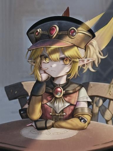 Prompt: chibi klee  elf girl with a tender face, sitting in front of a table, yellow hair, large contrasting eyes between brown and red, wears a red Gavroche Cap with a black visor that has a brooch on the left from which 2 long white feathers come out, the Cap Gavroche, in addition to the brooch, has an embroidery in the center of the front with a 4-leaf clover, his large eyes have anime-style flashes of light, his mouth is open and wobbly watching a delicious fish dish on the table while it drains from him a little drool, she wears a red raincoat with a hood and a light brown or cream scarf, her hands are in fists holding a fork in the left and a knife in the right while she raises her arms ready to eat, she is carrying a brown bag from which A cream-colored wool doll similar to a ball hangs, on the plate on the table is a delicious Japanese baked fish.