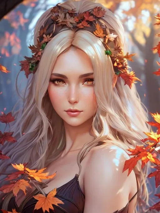 Prompt: dryads autumnal feminine great beauty and very beautiful physical features, just behind her oak surrounded by a thick autumnal forest volumetric soft lighting warm colors 8k resolution by Greg Rutkowski, Artgerm, Alphonse Mucha dynamic lighting hyperdetailed intricately detailed Splash art trending on Artstation Unreal Engine 5 volumetric lighting