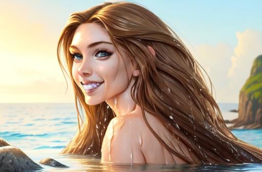 Prompt: realistic portrait of a mermaid half woman half fish tail longer than the torso, frolicking sitting on the rocks above the water, wet hair, perfect proportion,  Defined face, perfect eyes, beautiful face, well detailed and defined, defined, sensual lips with a beautiful smile and beautiful teeth, hair with a brown color gradient to gold balayage, 