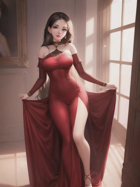 Prompt: Full-body detailed masterpiece, cute femenine woman red gloss beautiful lips, oval face,  high-res, quality upscaled image, perfect composition, highly detailed, intricate details, beautiful big eyes, maximum cuteness, lovely, adorable, beautiful, flawless, masterpiece, soft dramatic moody lighting, ultra high quality octane, hypermaximalist.