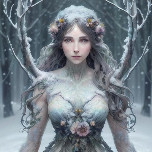 Prompt: Full-body detailed masterpiece dryads winter very beautiful physical features, just behind her a winter forest in full transition to spring, flowers growing snow melting detailed face detailed body volumetric soft lighting cold colors 8k resolution by Greg Rutkowski Artgerm Alphonse Mucha dynamic lighting hyperdetailed intricately detailed Splash art trending on Artstation Unreal Engine 5 volumetric