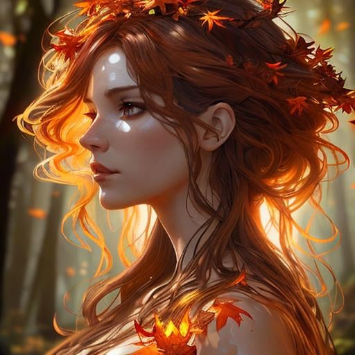 Prompt: dryads autumnal feminine great beauty and very beautiful physical features, just behind her oak surrounded by a thick autumnal forest volumetric soft lighting warm colors 8k resolution by Greg Rutkowski, Artgerm, Alphonse Mucha dynamic lighting hyperdetailed intricately detailed Splash art trending on Artstation Unreal Engine 5 volumetric lighting