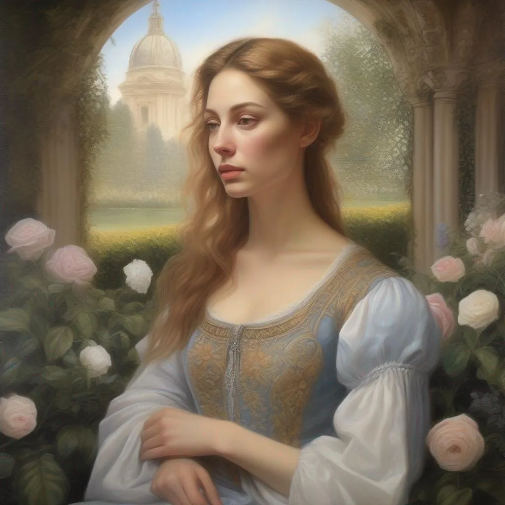 Prompt: Realistic painting of a beautiful woman in a garden, perfect composition, super detailed, high quality, painting strokes, intricate details, highly detailed, renaissance painting, baroque painting, paint texture, symmetrical face, ideal human, ultra details, ethereal lighting 