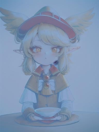 Prompt: chibi elf girl with a tender face, sitting in front of a table, yellow hair, large contrasting eyes between brown and red, wears a red Gavroche Cap with a black visor that has a brooch on the left from which 2 long white feathers come out, the Cap Gavroche, in addition to the brooch, has an embroidery in the center of the front with a 4-leaf clover, his large eyes have anime-style flashes of light, his mouth is open and wobbly watching a delicious fish dish on the table while it drains from him a little drool, she wears a red raincoat with a hood and a light brown or cream scarf, her hands are in fists holding a fork in the left and a knife in the right while she raises her arms ready to eat, she is carrying a brown bag from which A cream-colored wool doll similar to a ball hangs, on the plate on the table is a delicious Japanese baked fish. vibrant colors.