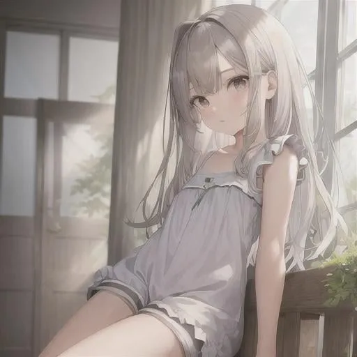 Prompt: (masterpiece, illustration, best quality:1.2), Sui Kasai art style,  1girl, solo, (petite body, white babydoll dress, brown shorts:1.3), messy hair, stray hairs, playful demeanor, shorts, ruffles, foggy grey eyes, white hair, finely detailed, detailed face, toned face, beautiful detailed eyes, beautiful detailed shading, beautifully detailed background, cozy atmosphere 