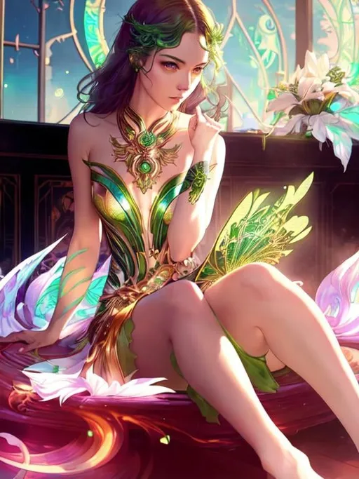 Prompt: Detailed eyes flawless eyes Gorgeous chartreuse greenest hair natural lime flair goddess, intricate, dramatic full body pose, magnificent, masterpiece, by minjae lee, by James jean, by WLOP, mucha, Waterhouse, by eve ventrue, by anna dittmann, by Alessio Albi, dynamic lighting, green, emeralds