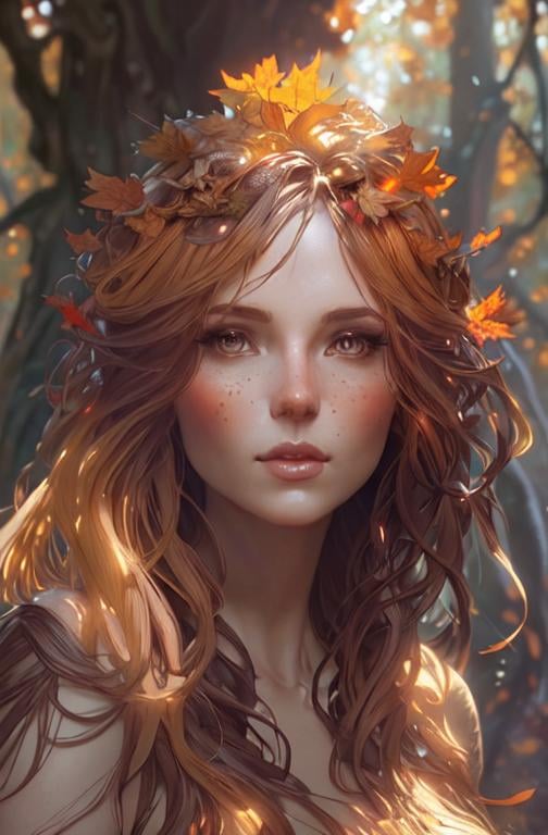 Prompt: dryads autumnal feminine great beauty and very beautiful physical features, just behind her oak surrounded by a thick autumnal forest volumetric soft lighting warm colors 8k resolution by Greg Rutkowski, Artgerm, Alphonse Mucha dynamic lighting hyperdetailed intricately detailed Splash art trending on Artstation Unreal Engine 5 volumetric lighting