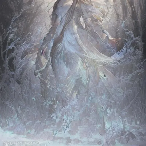 Prompt: Full-body detailed masterpiece dryads winter very beautiful physical features, just behind her a winter forest in full transition to spring, flowers growing snow melting detailed face detailed body volumetric soft lighting cold colors 8k resolution by Greg Rutkowski Artgerm Alphonse Mucha dynamic lighting hyperdetailed intricately detailed Splash art trending on Artstation Unreal Engine 5 volumetric