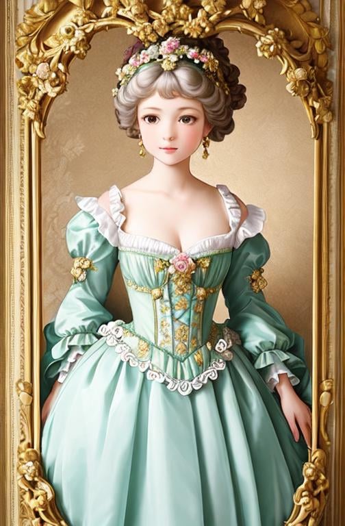 Prompt: The artwork is also infused with elements of various art movements, such as Rococo, Baroque, and Art Nouveau. The girl's gown features intricate patterns and ornate embellishments that are reminiscent of Rococo and Baroque styles, while the flowers and garden elements incorporate the flowing lines and organic shapes of Art Nouveau. 