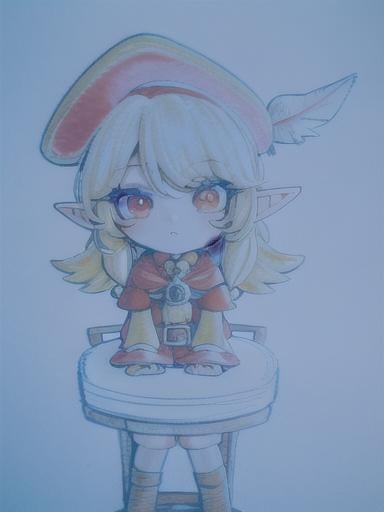 Prompt: chibi elf girl with a tender face, sitting in front of a table, yellow hair, large contrasting eyes between brown and red, wears a red Gavroche Cap with a black visor that has a brooch on the left from which 2 long white feathers come out, the Cap Gavroche, in addition to the brooch, has an embroidery in the center of the front with a 4-leaf clover, his large eyes have anime-style flashes of light, his mouth is open and wobbly watching a delicious fish dish on the table while it drains from him a little drool, she wears a red raincoat with a hood and a light brown or cream scarf, her hands are in fists holding a fork in the left and a knife in the right while she raises her arms ready to eat, she is carrying a brown bag from which A cream-colored wool doll similar to a ball hangs, on the plate on the table is a delicious Japanese baked fish. vibrant colors.